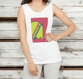 White cotton tank top with a colorful abstract graphic design on the front, worn by a woman standing against wood paneling