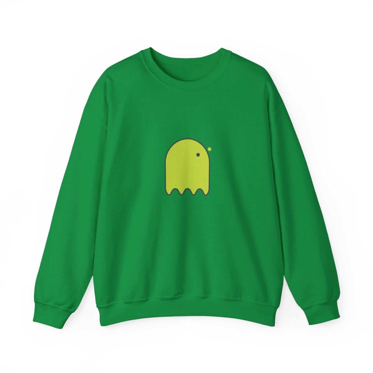 Green cotton sweatshirt with relaxed fit featuring a centered yellow ghost graphic on the front chest area