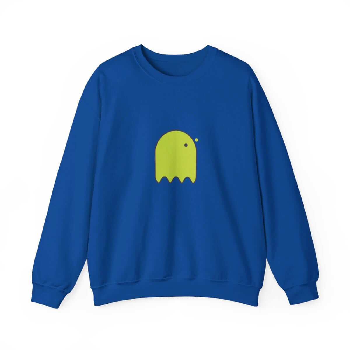 Blue cotton sweatshirt with crew neck and a green pixelated ghost graphic centered on the chest