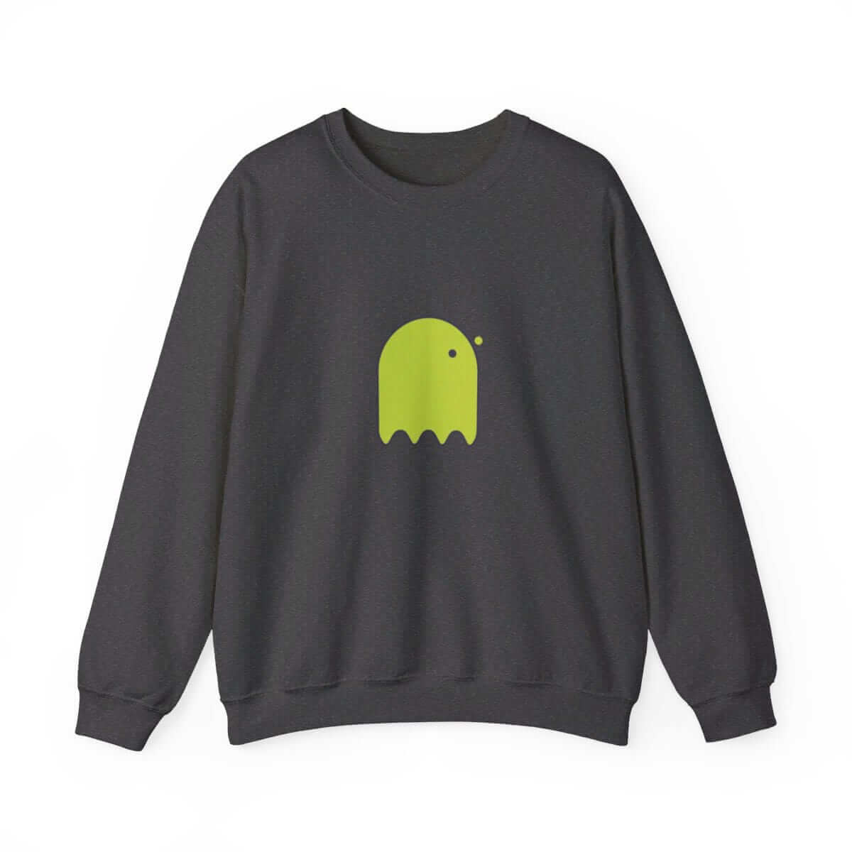 Dark gray cotton sweatshirt with a playful green ghost graphic centered on the chest and relaxed fit sleeves