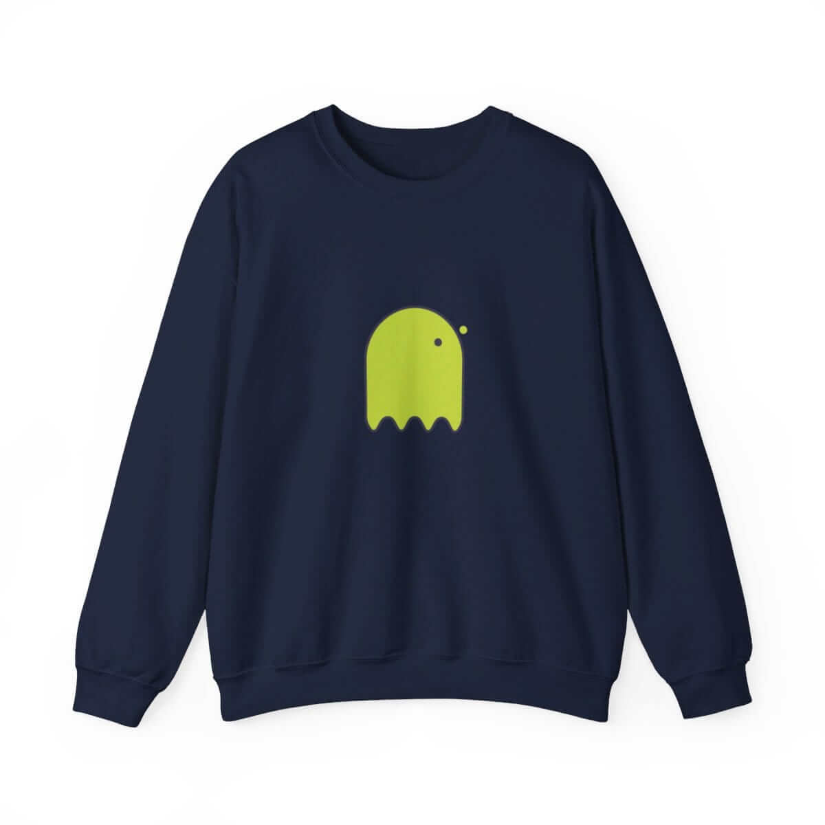 Navy cotton sweatshirt with crewneck style and bright green cartoon ghost design centered on the chest