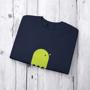 Navy blue cotton T-shirt with short sleeves and bright green abstract graphic printed across the chest