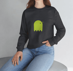 Dark gray cotton sweatshirt featuring a neon green ghost graphic on the chest, styled casually with blue denim jeans