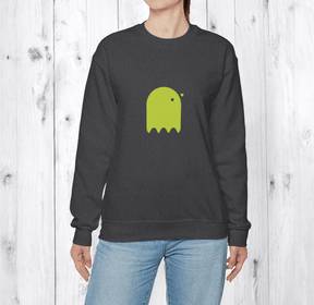 Dark gray cotton sweatshirt featuring a lime green ghost graphic on the chest in a casual unisex style