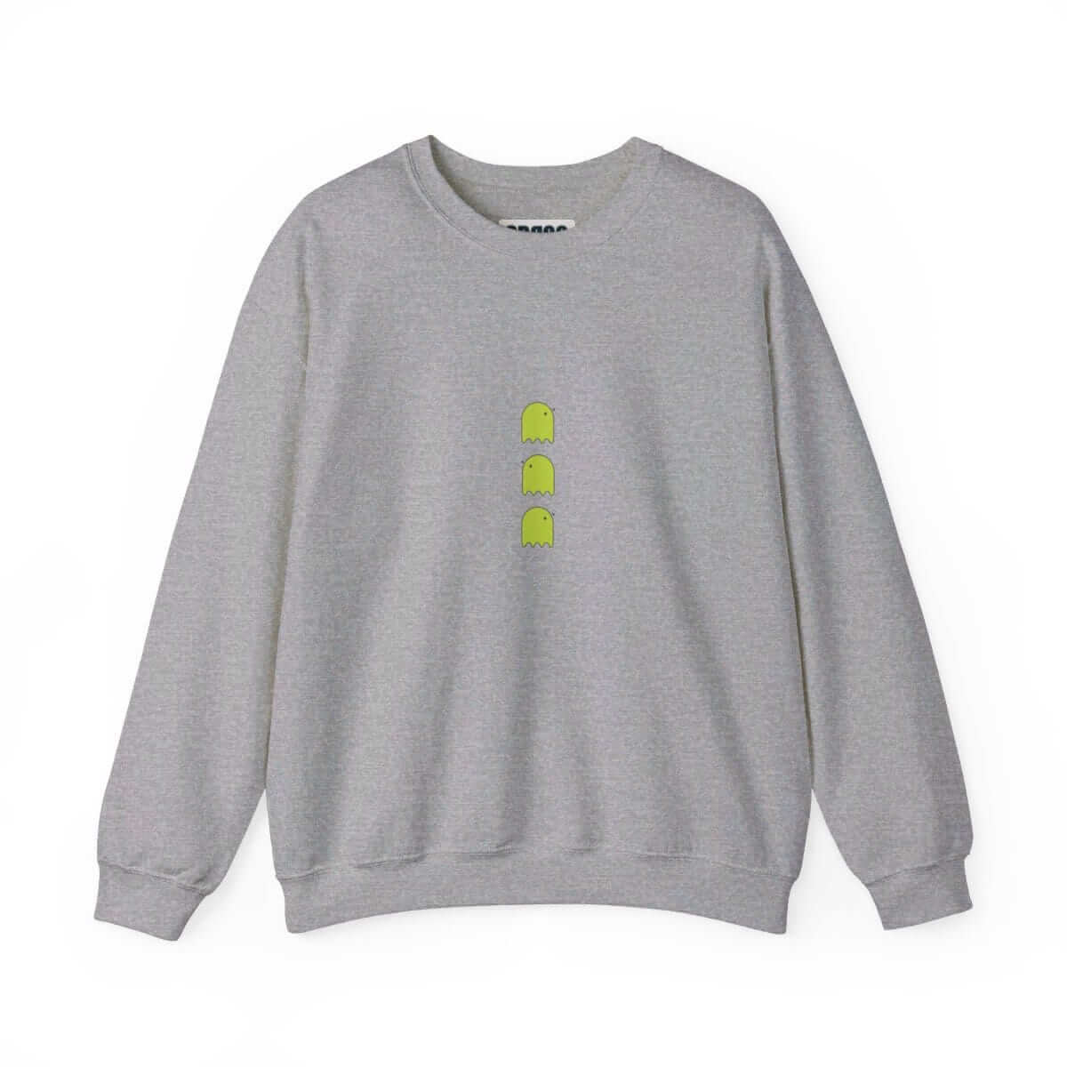 Gray cotton sweatshirt with ribbed cuffs and hem featuring small centered green ghost icons on the chest