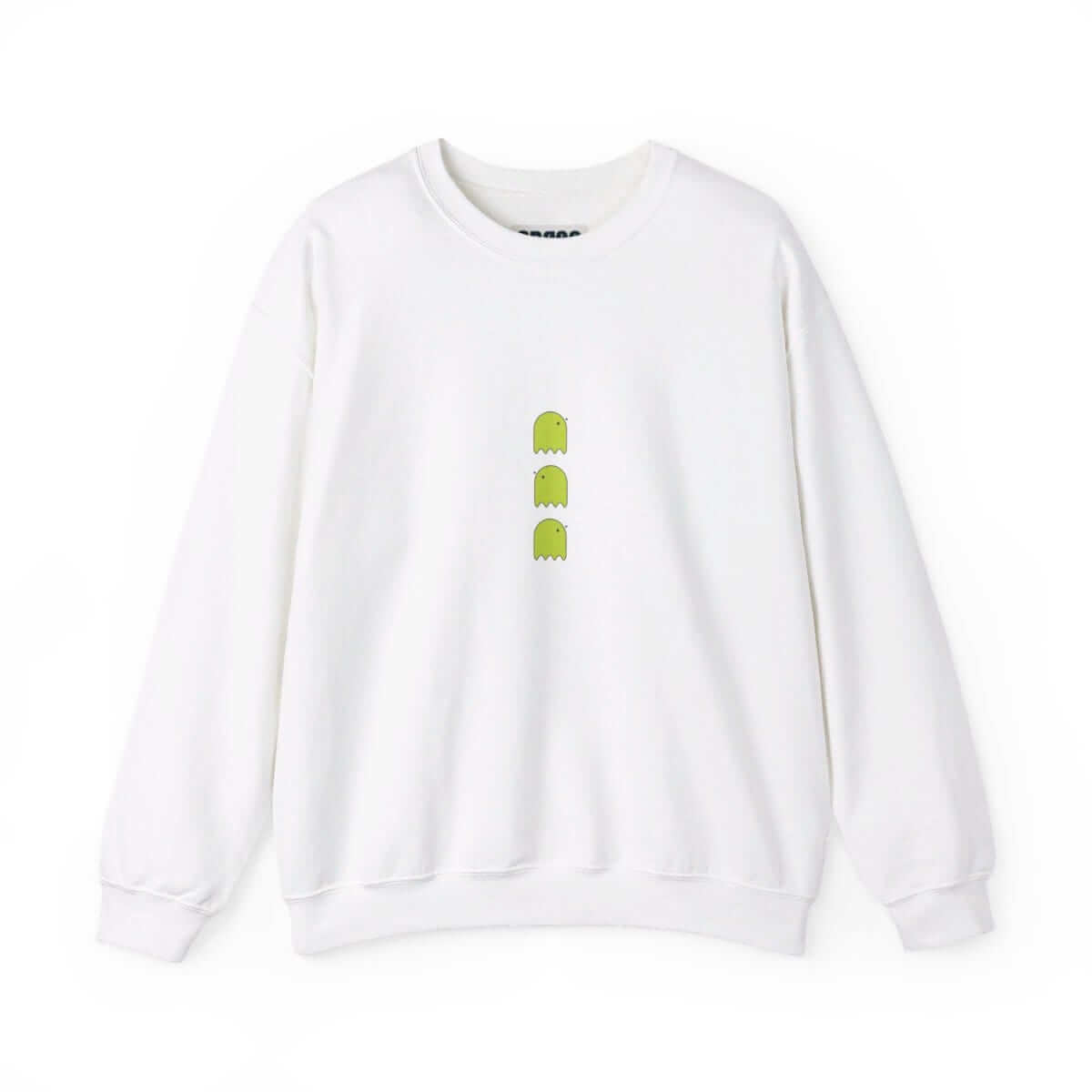 White cotton sweatshirt with crew neck and centered trio of small green ghost graphics across the chest