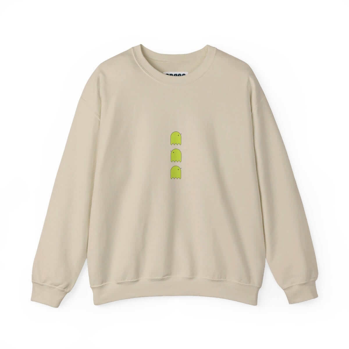 Beige cotton sweatshirt with relaxed fit featuring three small green ghost motifs arranged vertically on the chest
