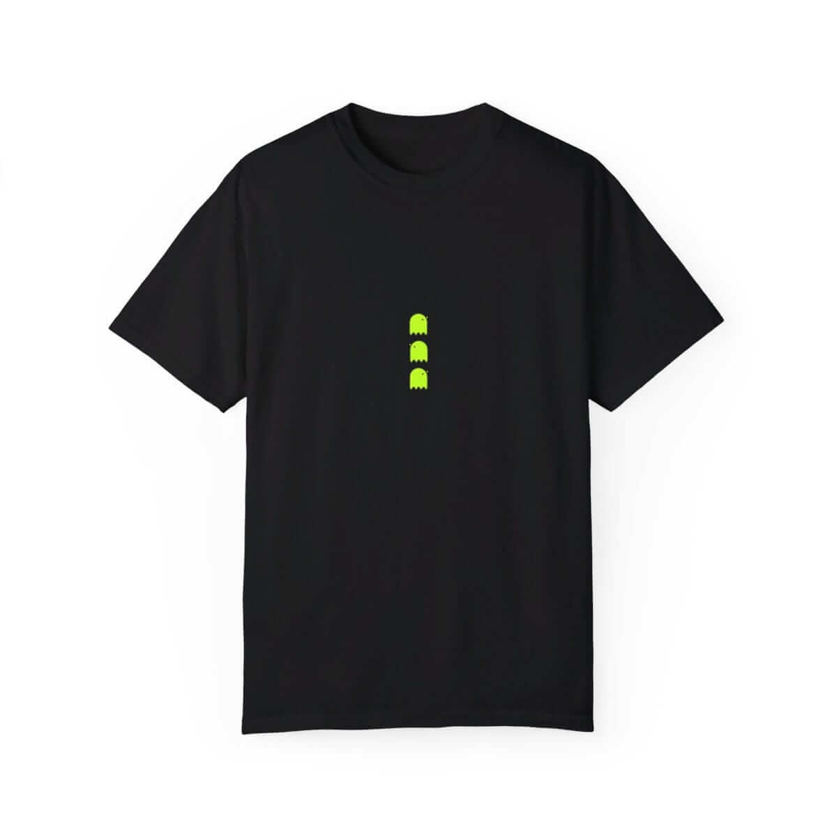 Black cotton t-shirt with minimalist design featuring three green ghost-like icons centered on the chest