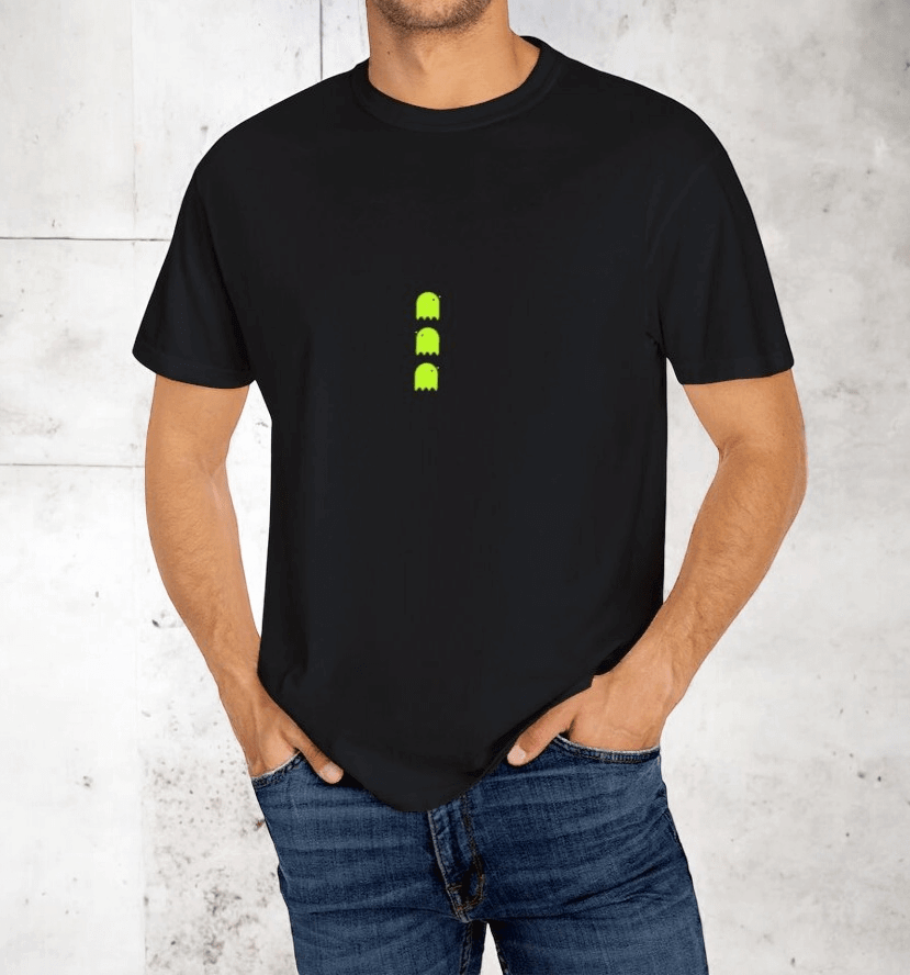 Black cotton T-shirt in casual fit featuring three green pixel-style retro game ghosts across the chest