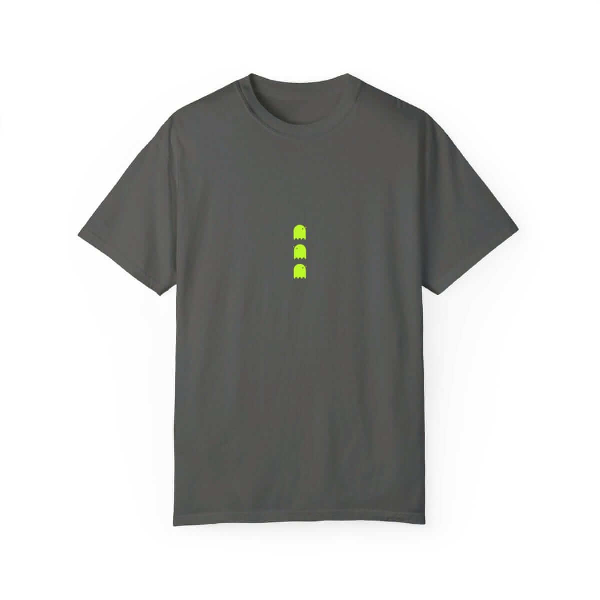 Dark gray cotton T-shirt featuring a minimalist design with three small neon green ghost icons centered on the chest