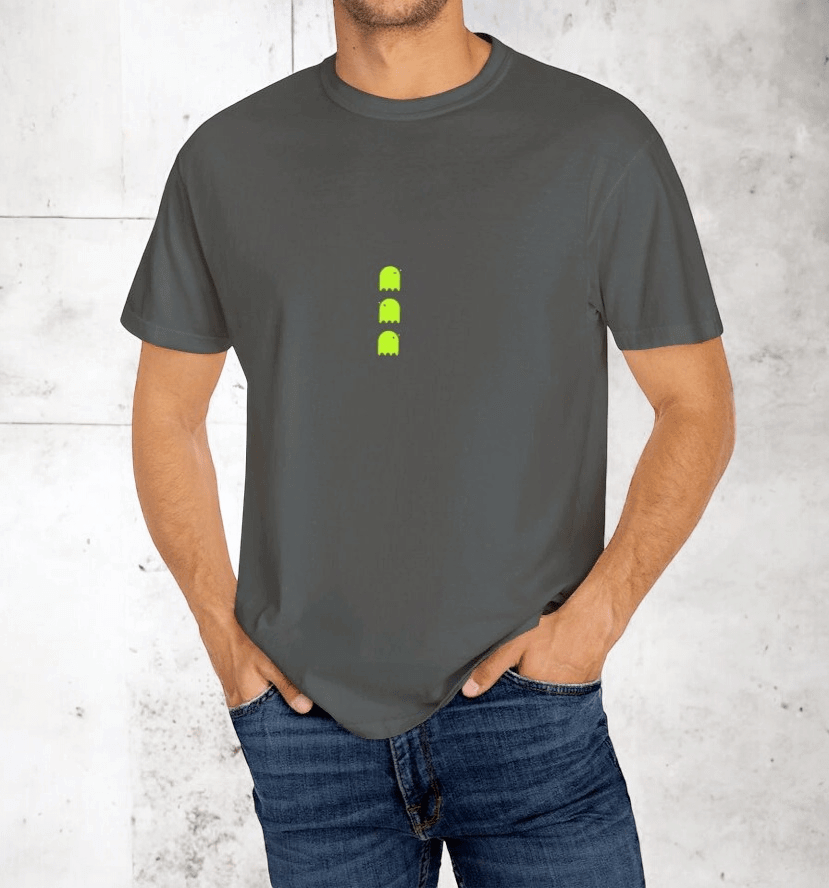 Gray cotton t-shirt with neon green pixel ghost graphics, crew neck design, and relaxed casual fit