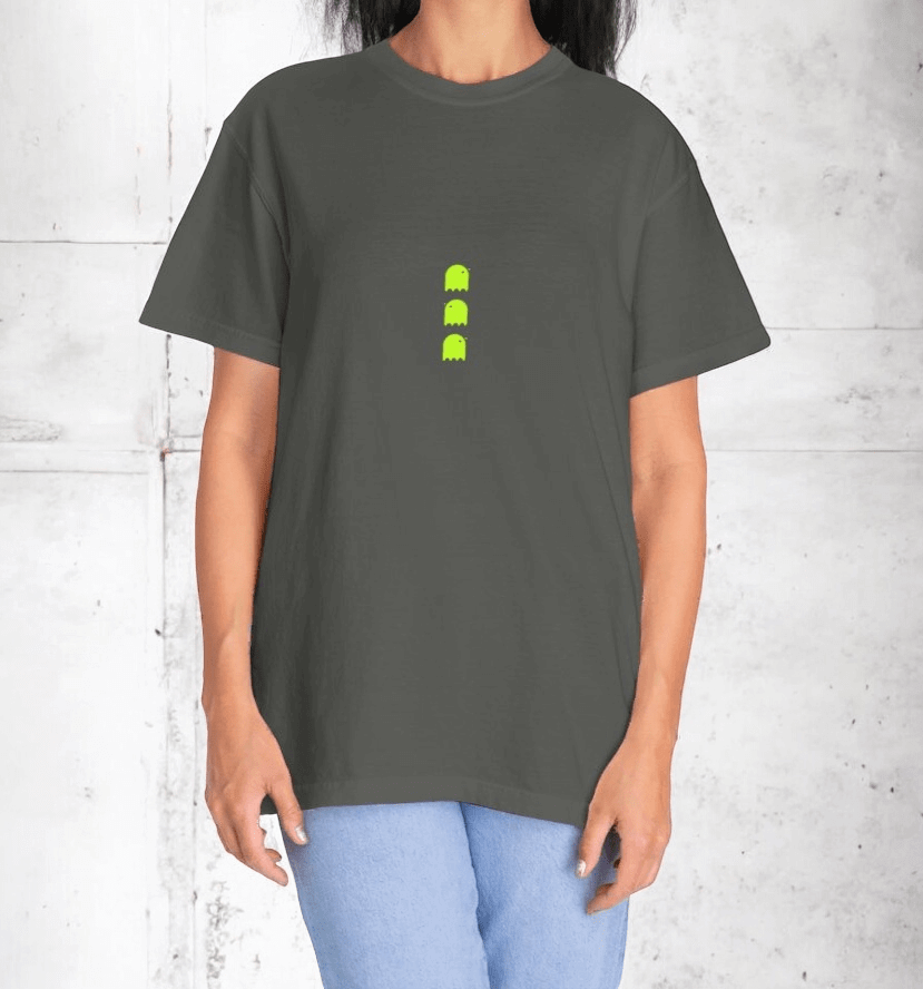 Pepper cotton T-shirt featuring short sleeves, classic crew neck, and three neon green ghost graphics on chest