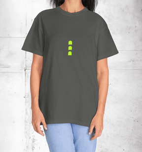 Pepper cotton T-shirt featuring short sleeves, classic crew neck, and three neon green ghost graphics on chest