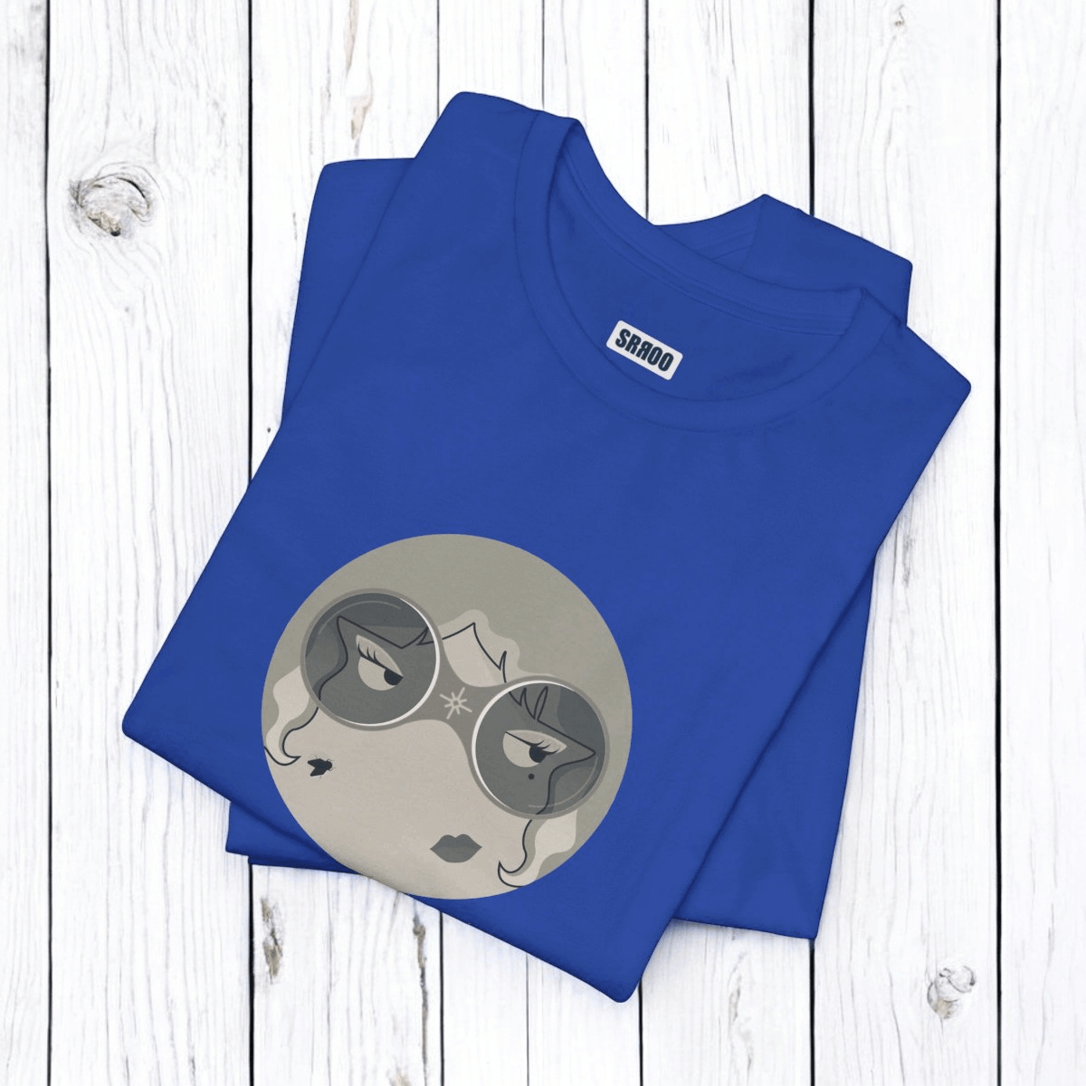 Black and white short sleeve tee made of soft cotton fabric with a folded presentation showing front graphic design