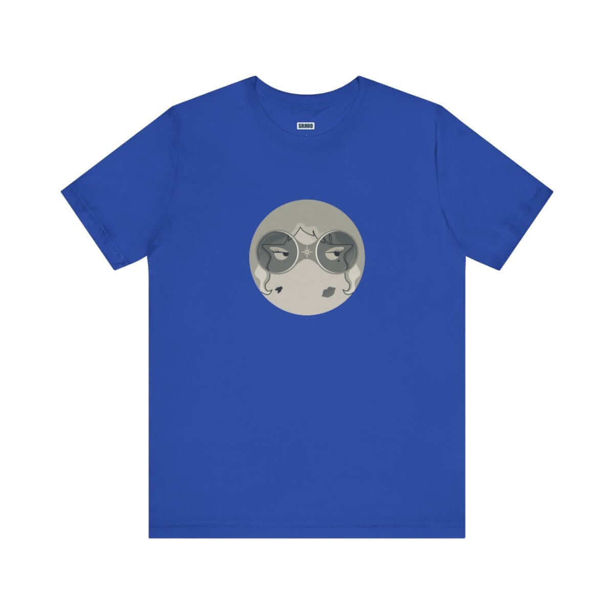 True royal blue short sleeve tee made of cotton featuring a crew neck and a black and white graphic design on the front