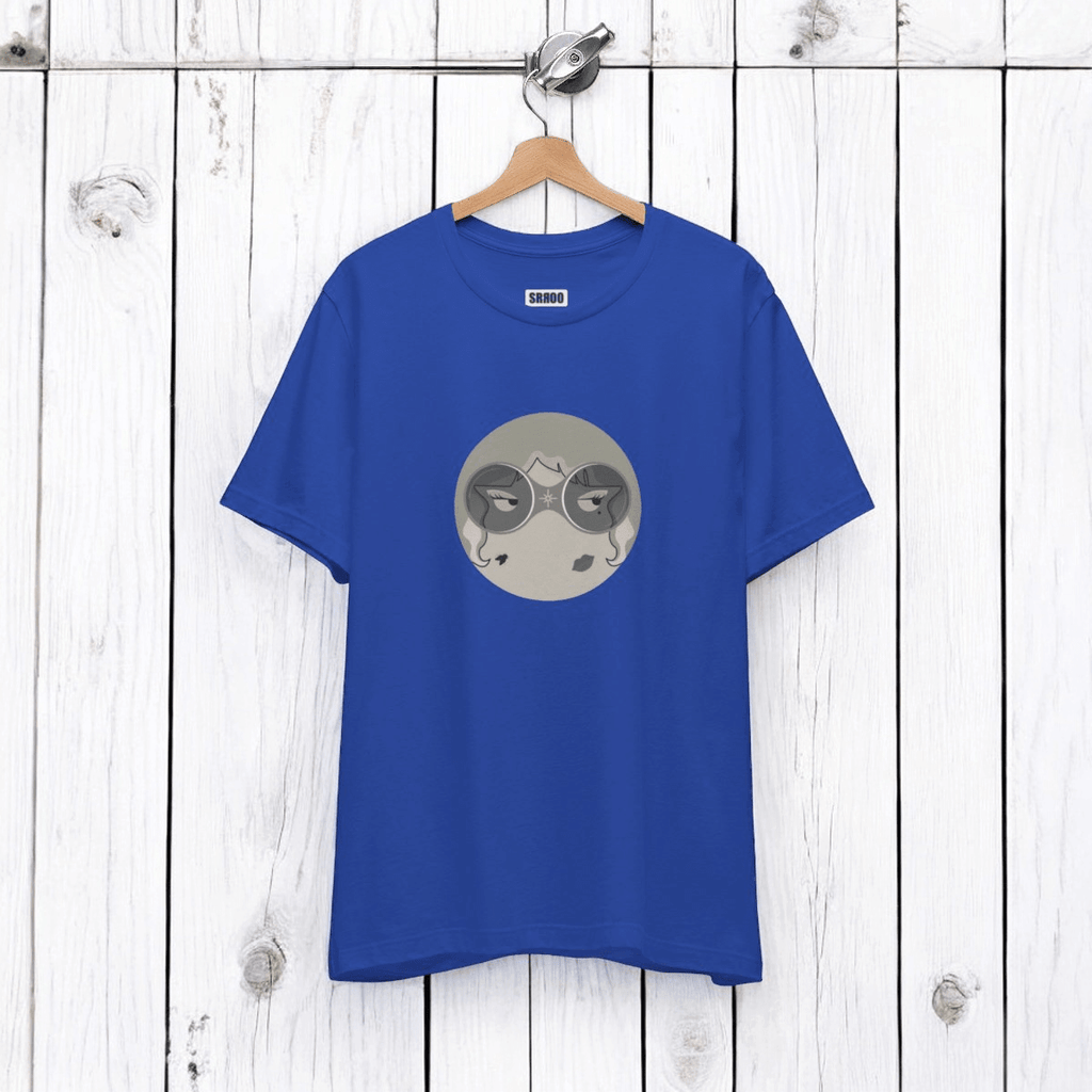 Black and white short sleeve crew neck tee made from soft cotton featuring a large stylized graphic on the chest