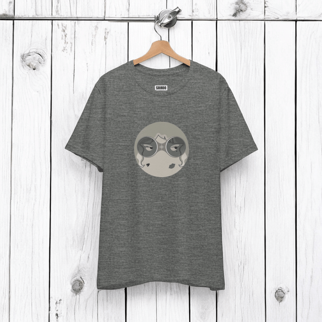 Black and white short sleeve cotton tee with character graphic on front and crew neck collar in casual style