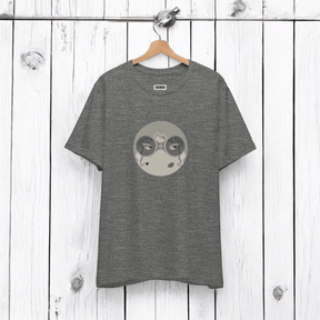 Black and white short sleeve cotton tee with character graphic on front and crew neck collar in casual style