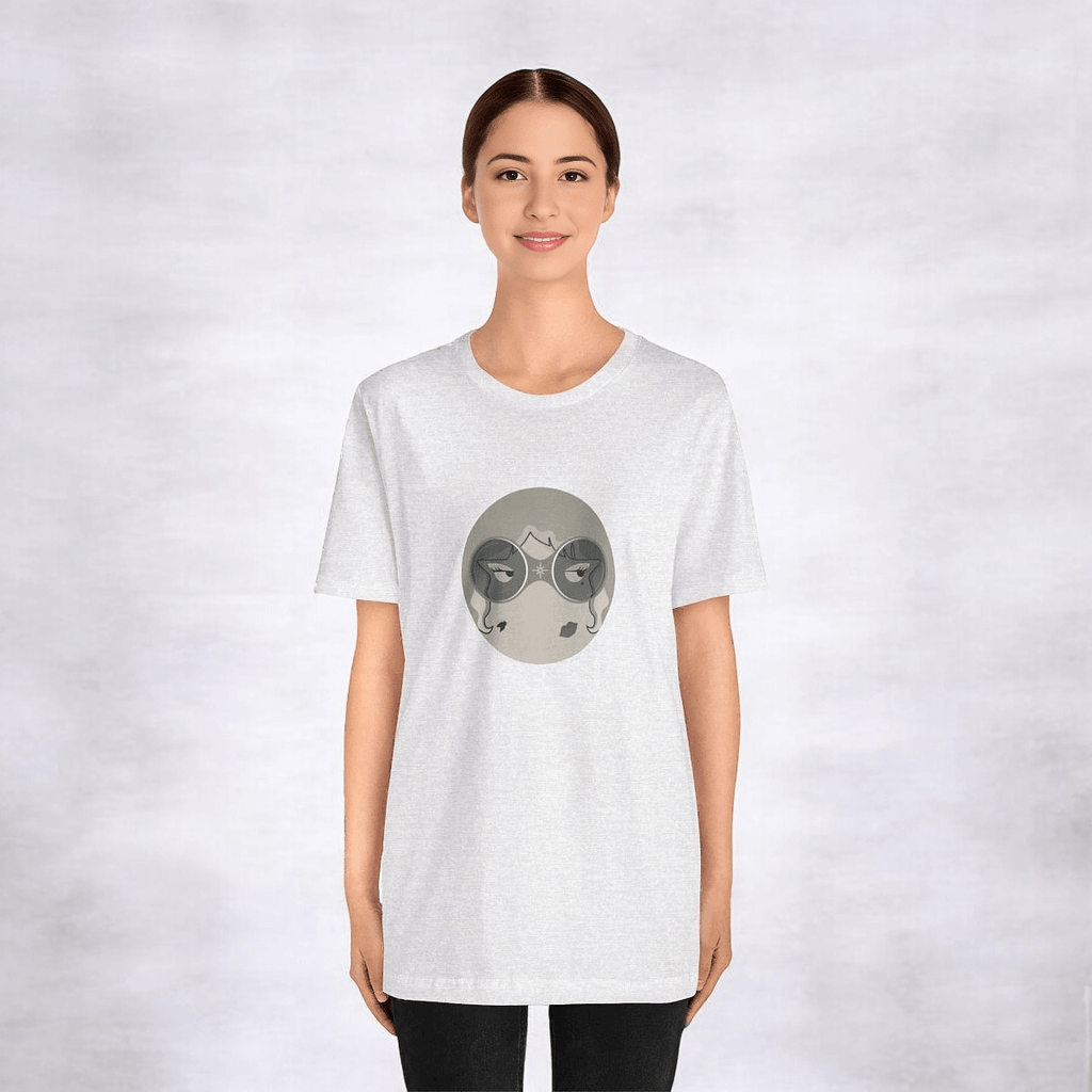Black and white short sleeve cotton t-shirt with graphic cartoon character print on front and crew neckline