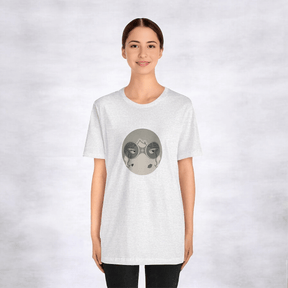 Black and white short sleeve cotton t-shirt with graphic cartoon character print on front and crew neckline