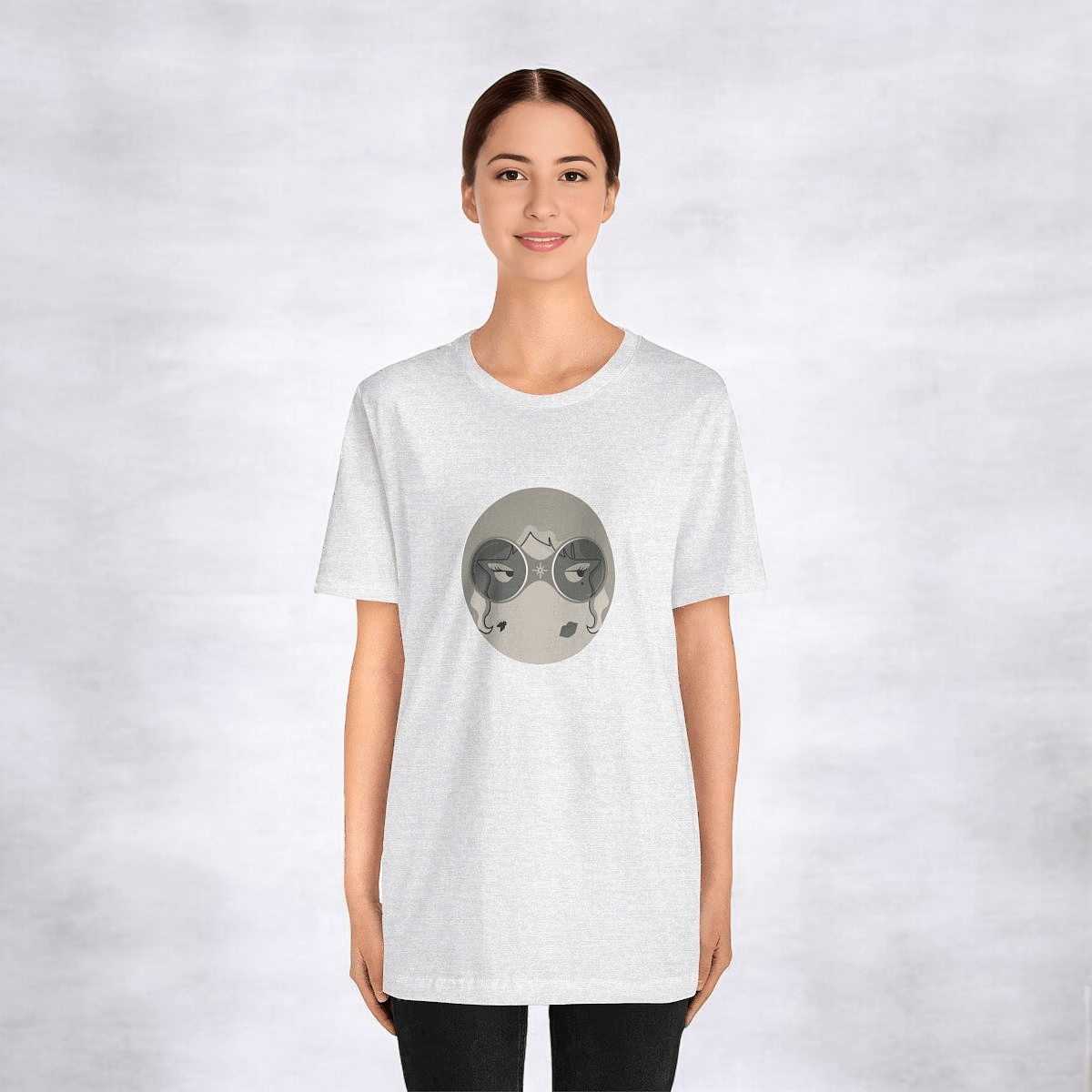 Black and white short sleeve cotton t-shirt with graphic cartoon character print on front and crew neckline