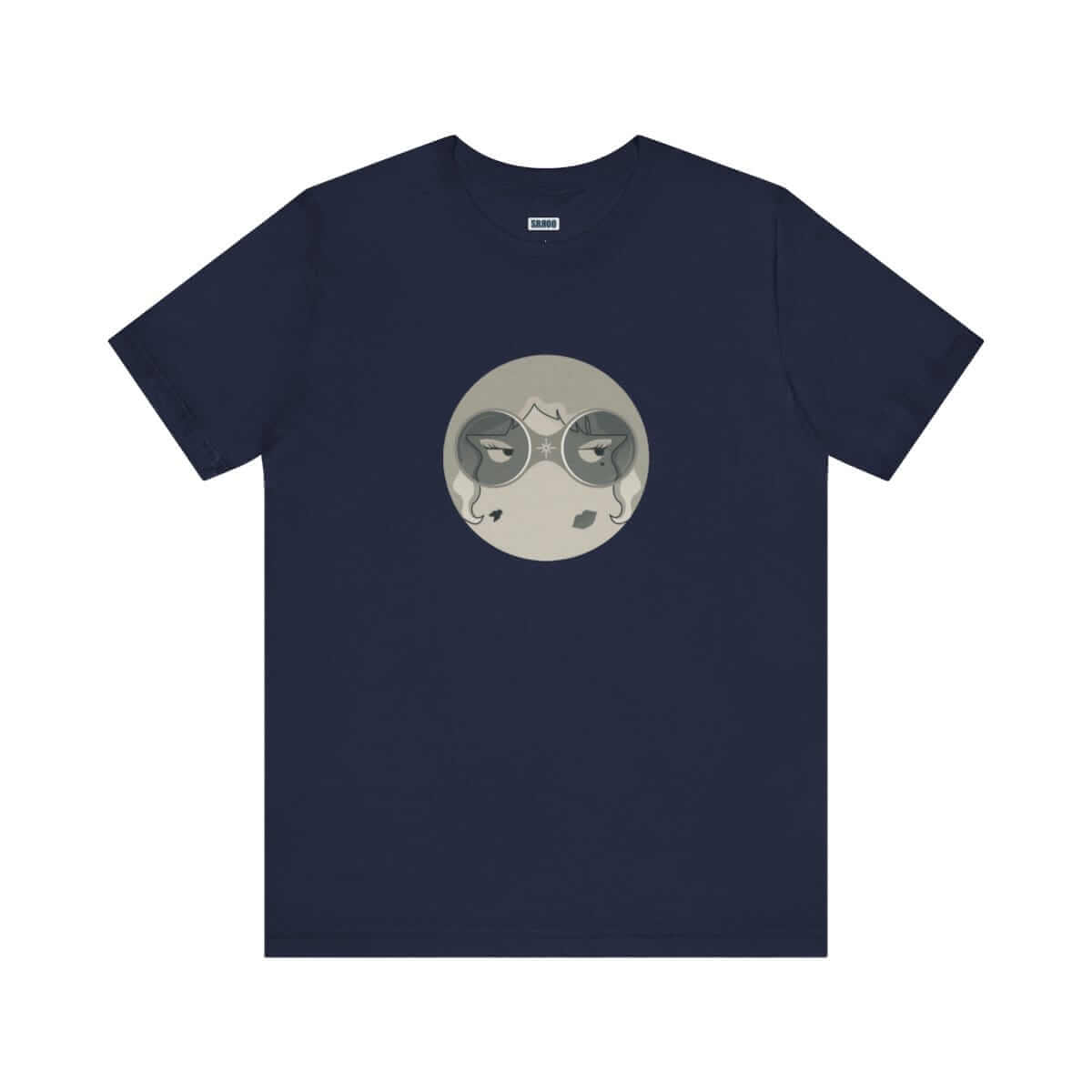 Navy blue cotton short sleeve tee with crew neck and front printed graphic featuring minimalist design