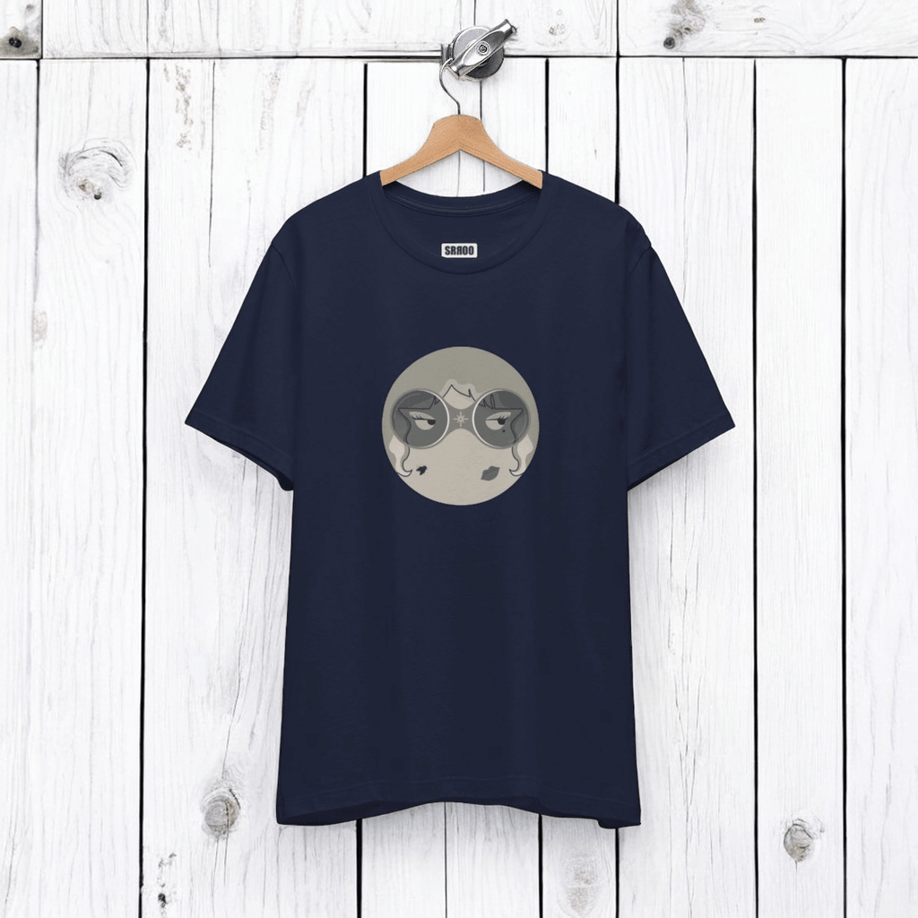 Black and white short sleeve cotton t-shirt with front graphic print featuring abstract face line art and crew neckline