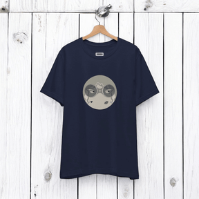 Black and white short sleeve cotton t-shirt with front graphic print featuring abstract face line art and crew neckline