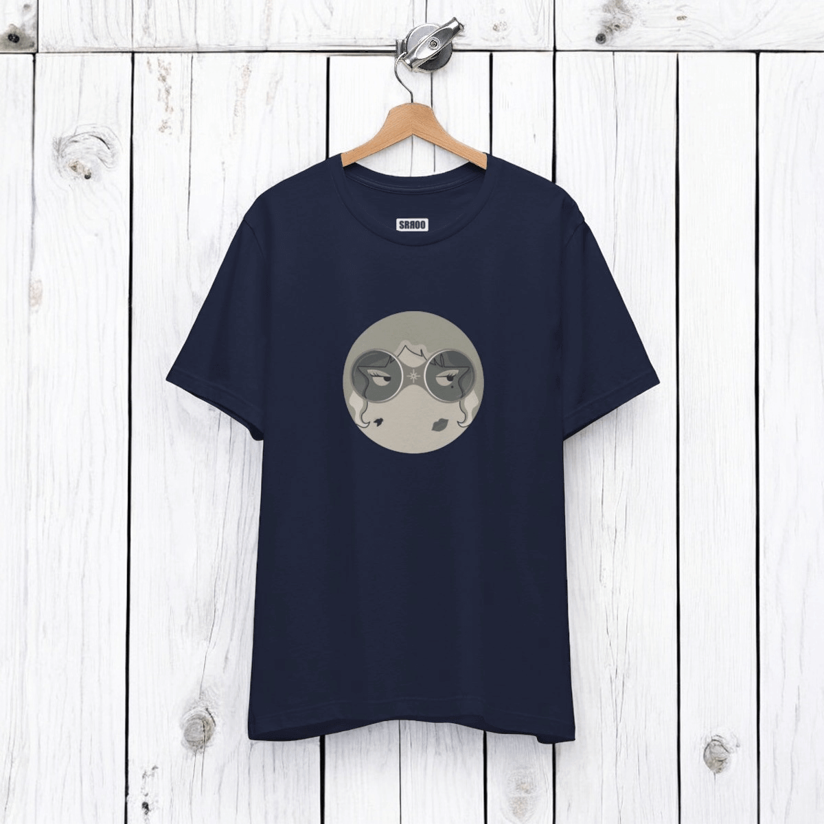 Black and white short sleeve cotton t-shirt with front graphic print featuring abstract face line art and crew neckline