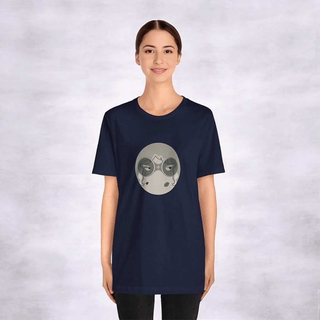 Black and white short sleeve crew neck tee made of soft cotton with a bold graphic print on the front