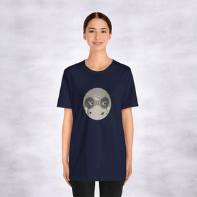 Black and white short sleeve crew neck tee made of soft cotton with a bold graphic print on the front