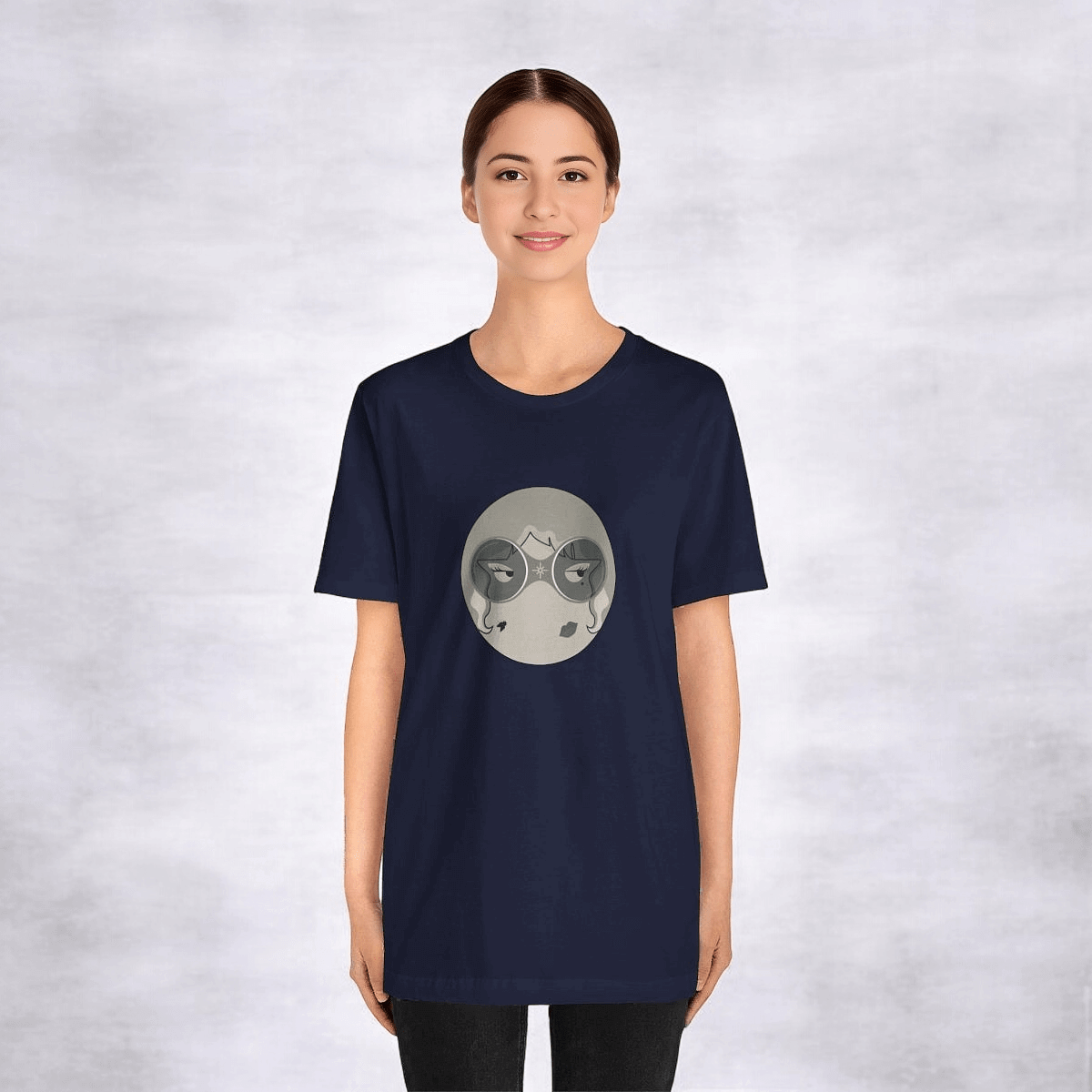 Black and white short sleeve crew neck tee made of soft cotton with a bold graphic print on the front