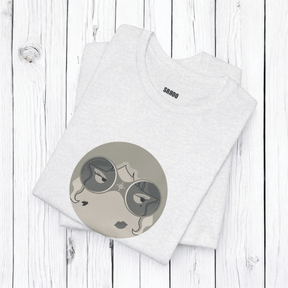 Black and white short sleeve cotton t-shirt folded showing ribbed collar and graphic print on front