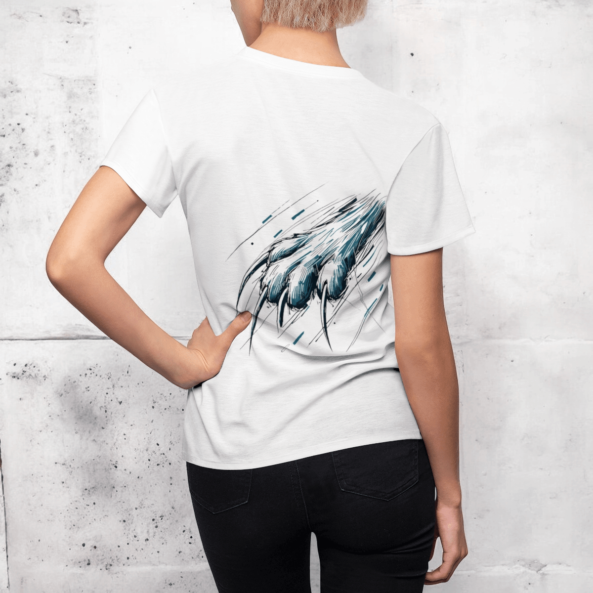 White cotton t-shirt with black stitching featuring a large black cat graphic printed on the back