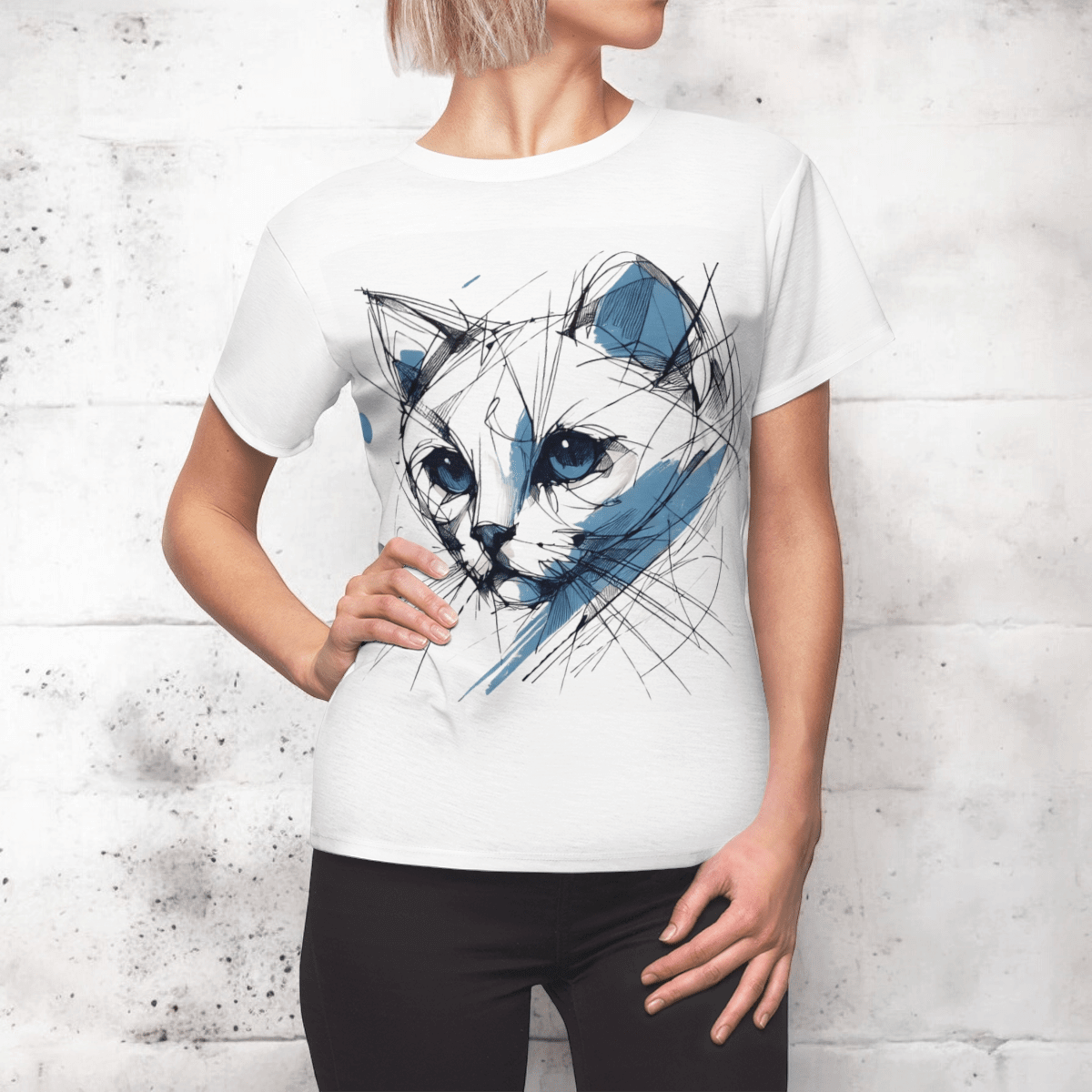 White cotton t-shirt featuring black cat graphic print with crew neckline and short sleeves in casual style