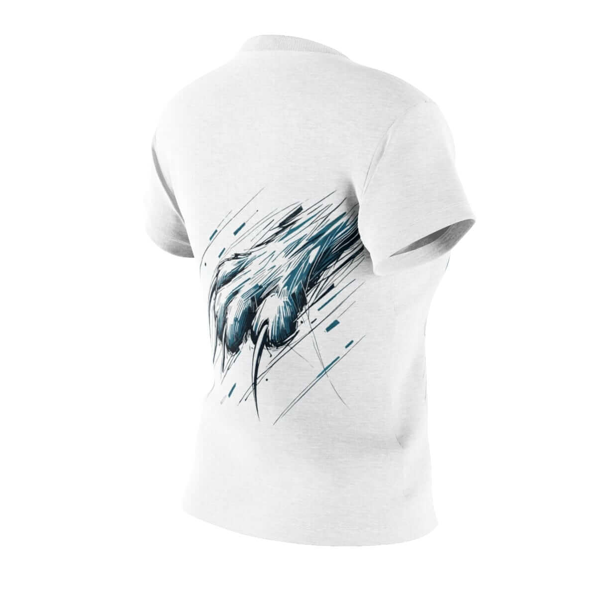 White cotton t-shirt with black cat graphic on front featuring crew neck and short sleeves