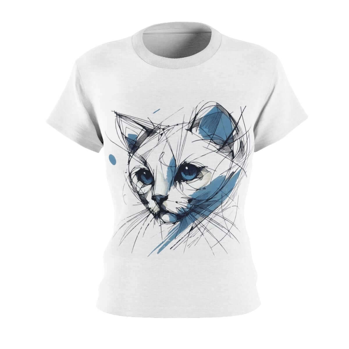 White cotton crew neck t-shirt with front black cat graphic and long sleeves featuring ribbed cuffs