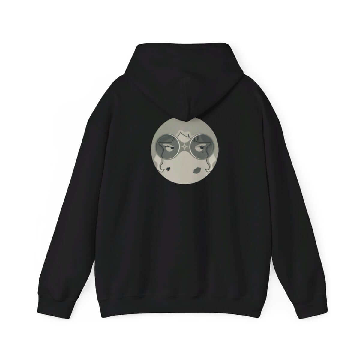 Black cotton hoodie with a large stylized white mask graphic printed on the back, worn by a person facing away