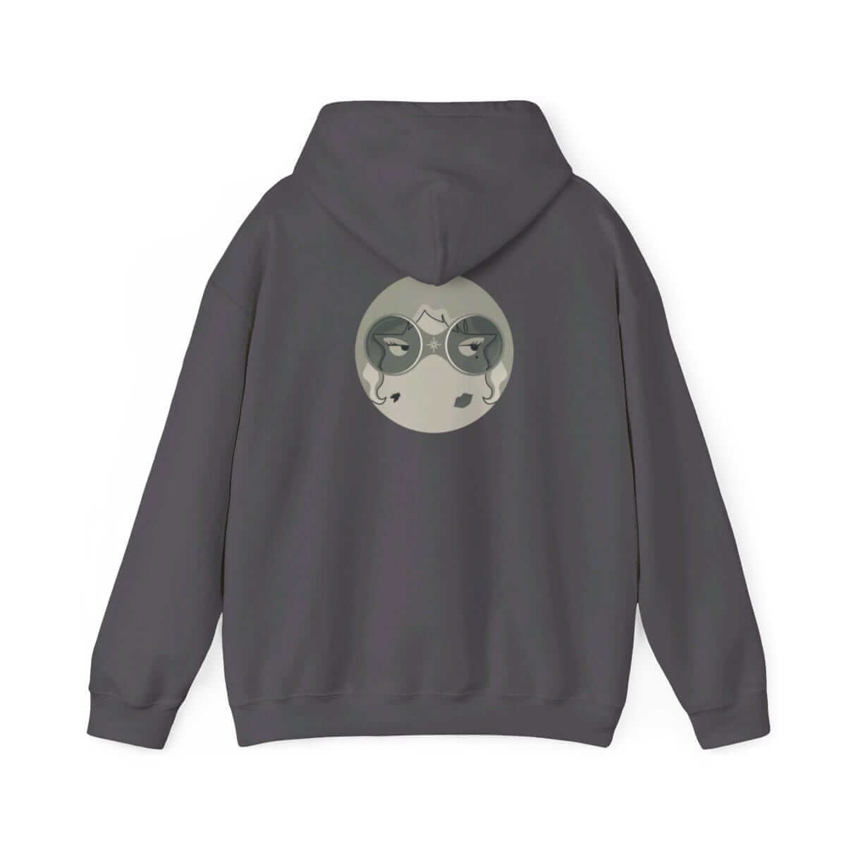 Charcoal cotton hoodie with relaxed fit featuring a large stylized face graphic with glasses on the back