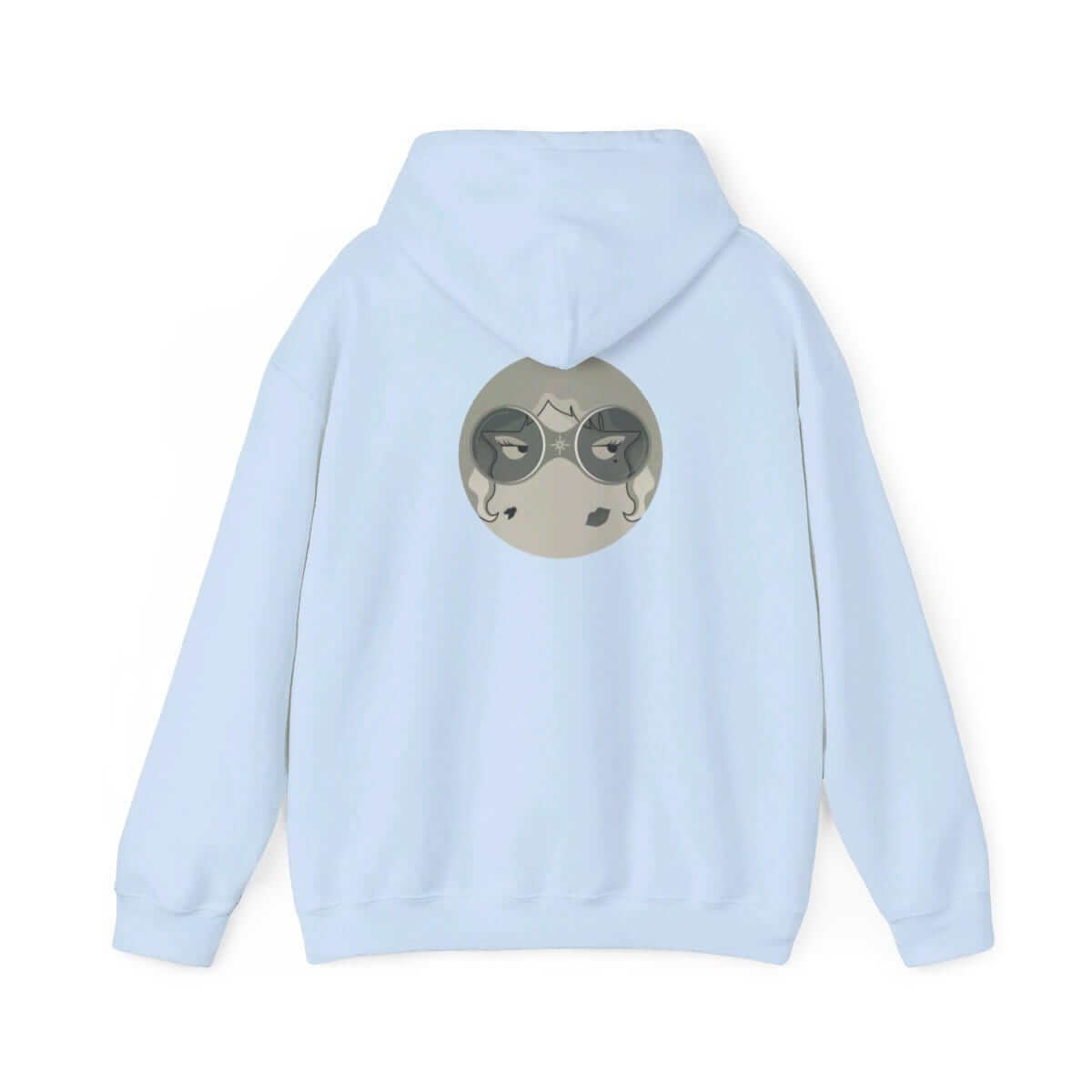 Light blue cotton hoodie with relaxed fit and large stylized face graphic printed in dark tones on the back