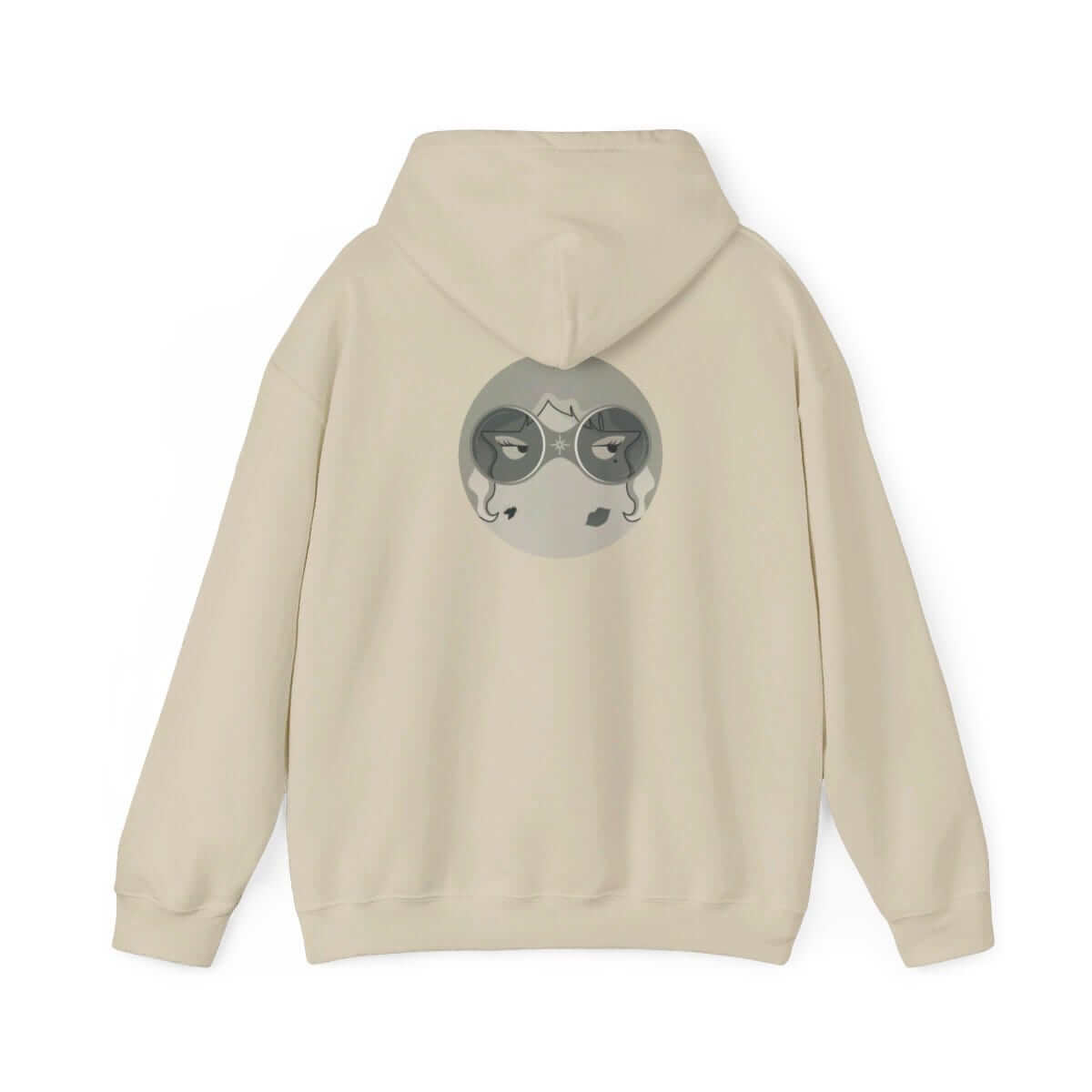 Beige cotton hoodie with abstract grayscale face graphic printed on the back and a relaxed fit design