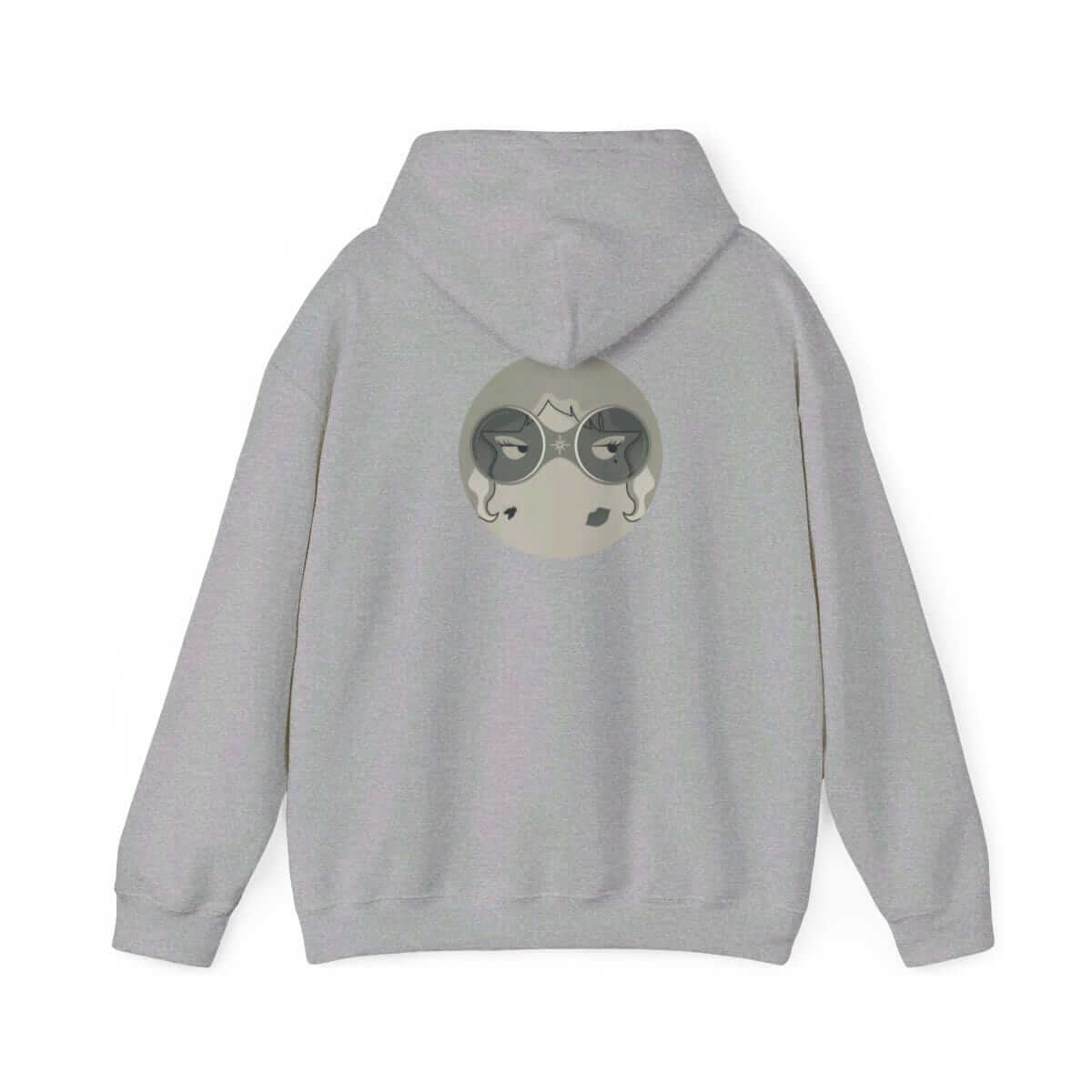 Gray cotton hoodie with modern minimalist face graphic on the back and ribbed cuffs and waistband