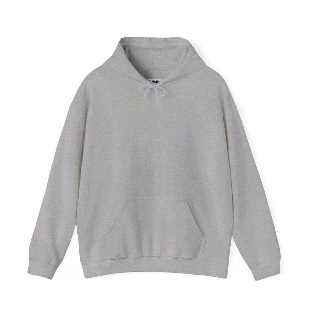 Light gray pullover hoodie made of cotton blend material with front kangaroo pocket and ribbed cuffs and hem