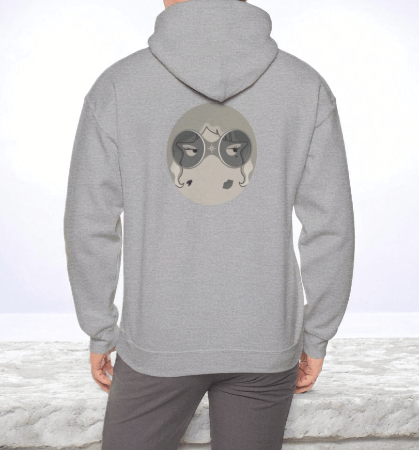 Gray cotton hoodie featuring an abstract face graphic printed in black on the back with ribbed cuffs and hem