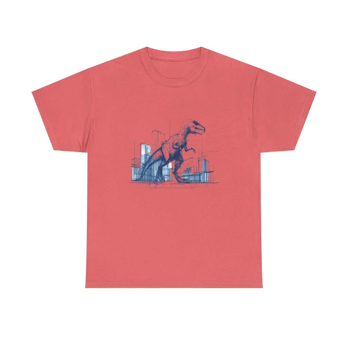 Coral short sleeve cotton T-shirt with crew neck and black T. rex sketch over cityscape graphic on chest