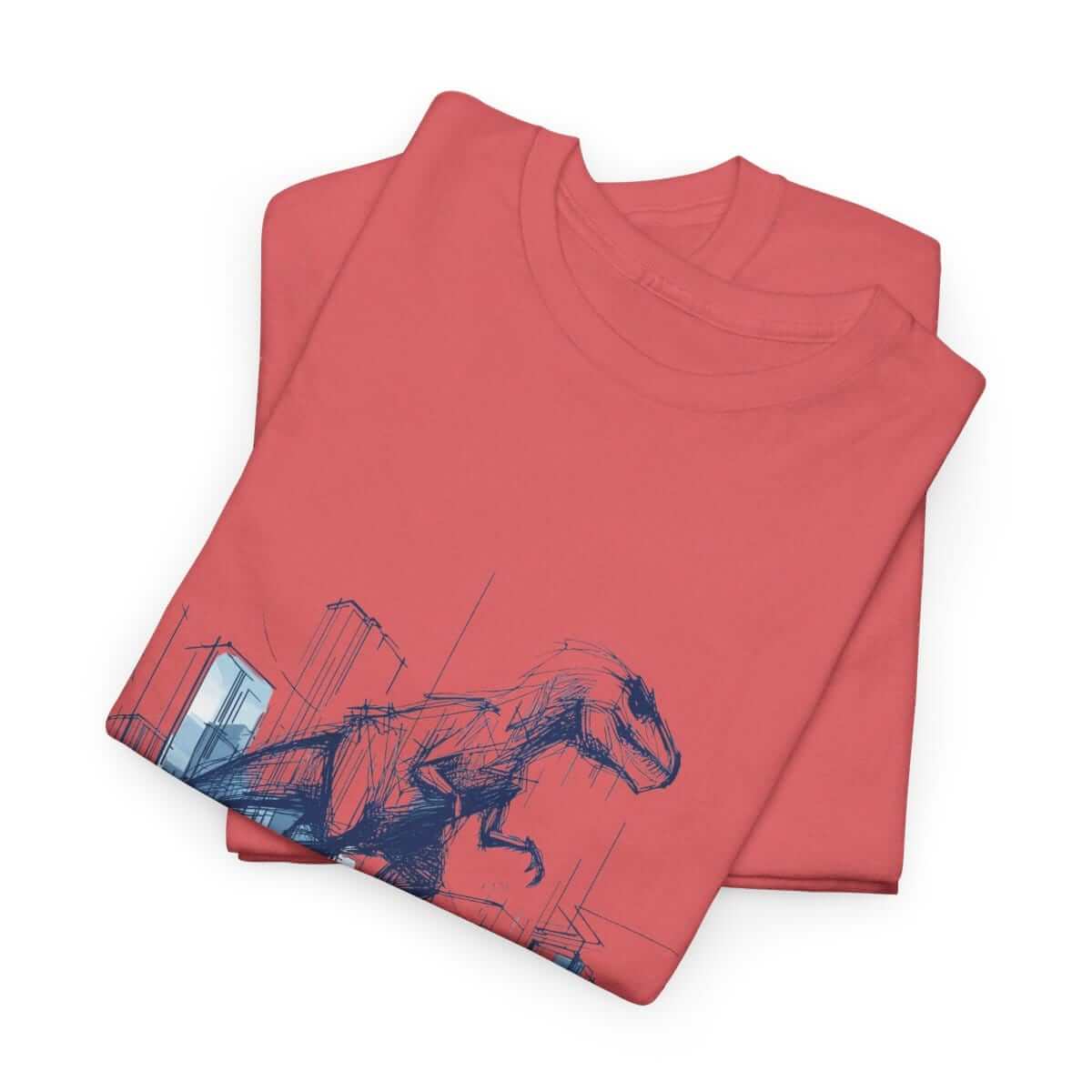 Short-sleeve coral cotton t-shirt with a blue line-art dinosaur and cityscape graphic printed on the front