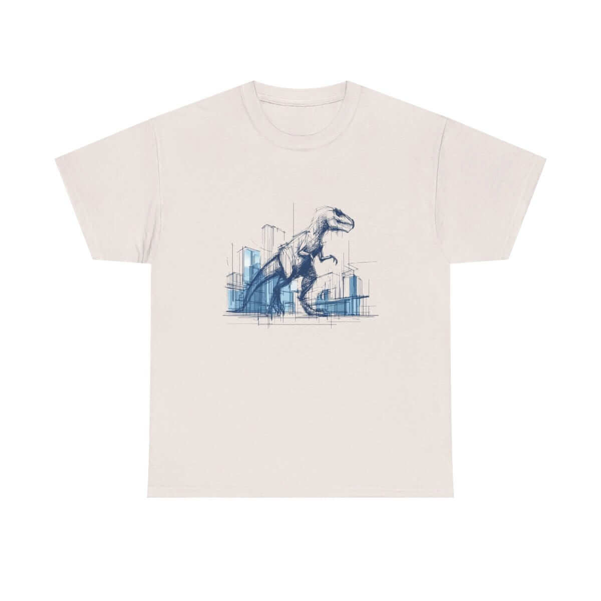 Beige cotton T-shirt with a blue line-art print of a dinosaur and city buildings on the front chest area