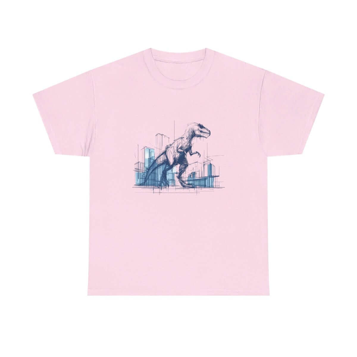 Light pink cotton short sleeve t-shirt with blue line art of a dinosaur and cityscape printed on the front