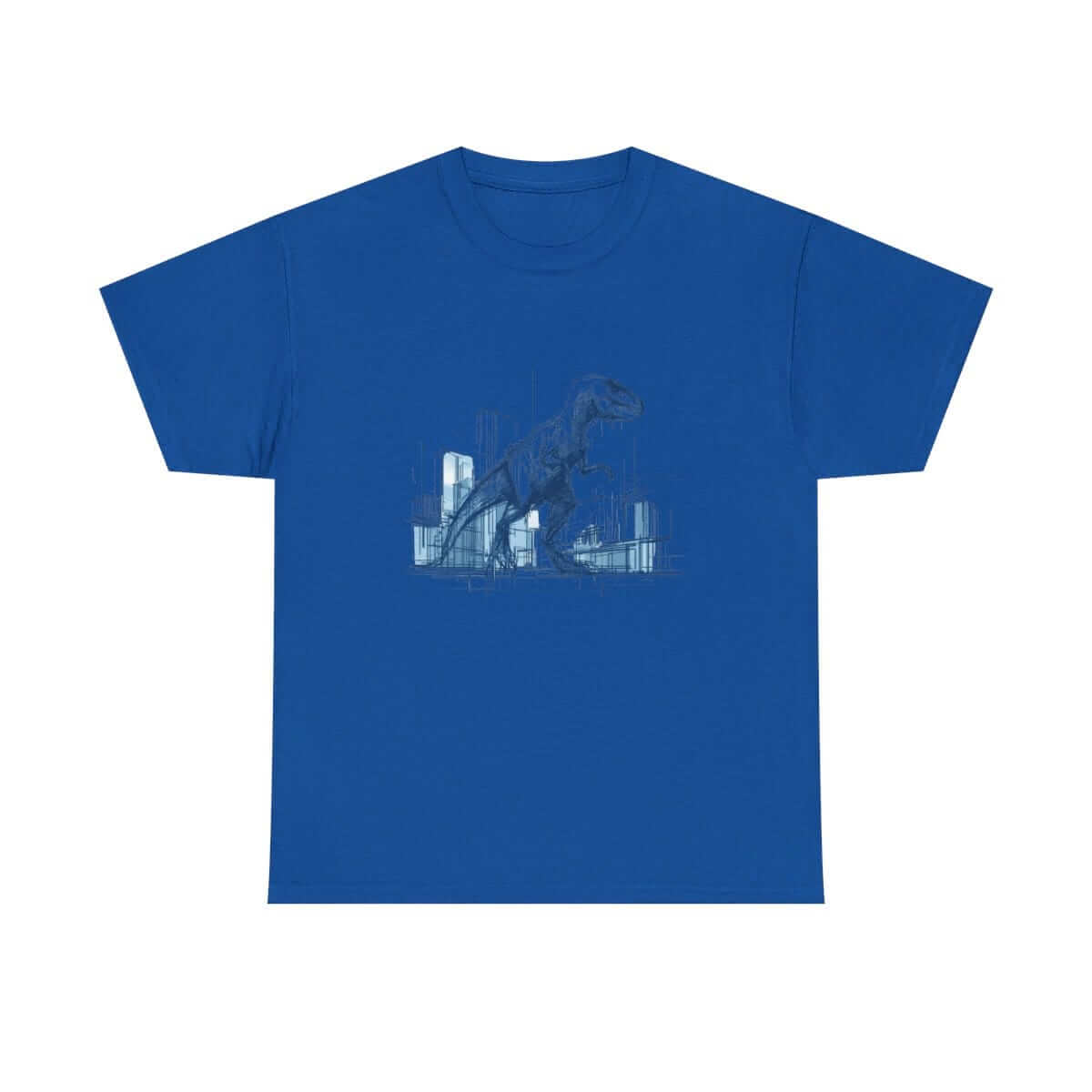 Royal blue cotton T-shirt featuring a graphic silhouette of a T-rex and skyscrapers with an urban prehistoric theme