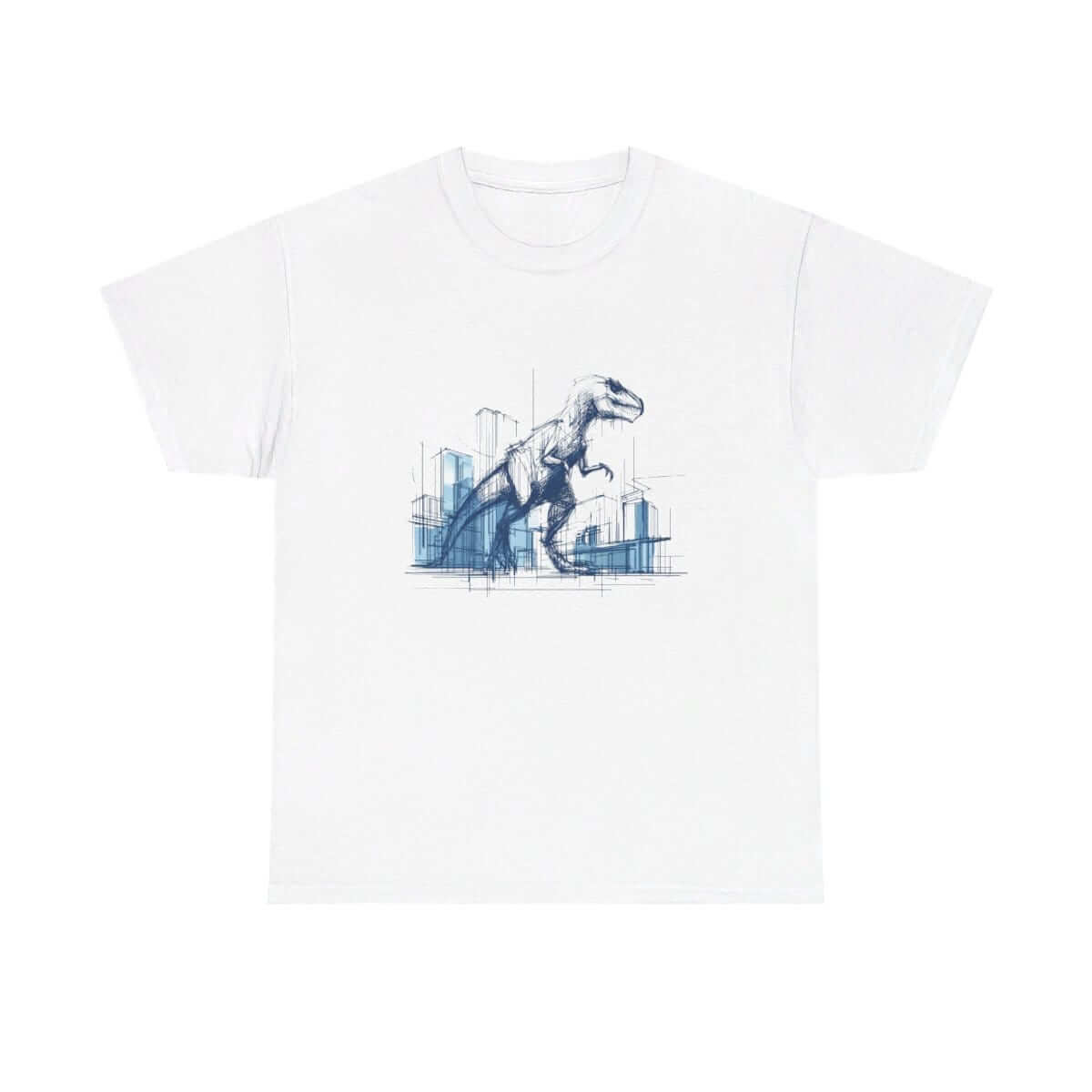 White cotton t-shirt featuring a blue hand-drawn dinosaur and urban cityscape sketch on the chest